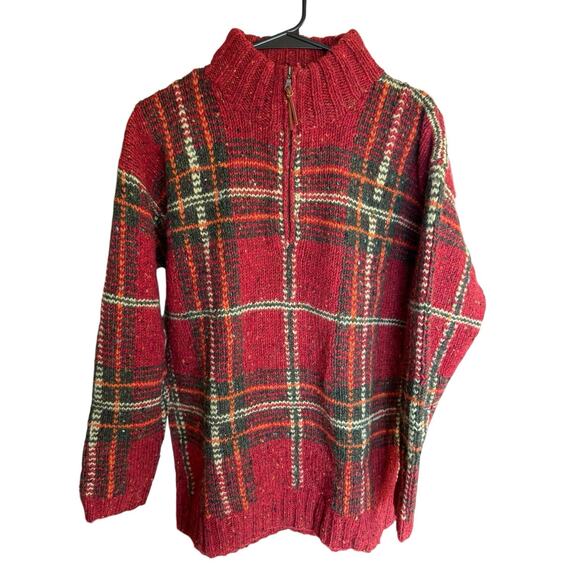 Lauren Ralph Lauren 100% Wool Plaid Chunky Sweater Hand Knit Zip Red S Preppy - Picture 1 of 8